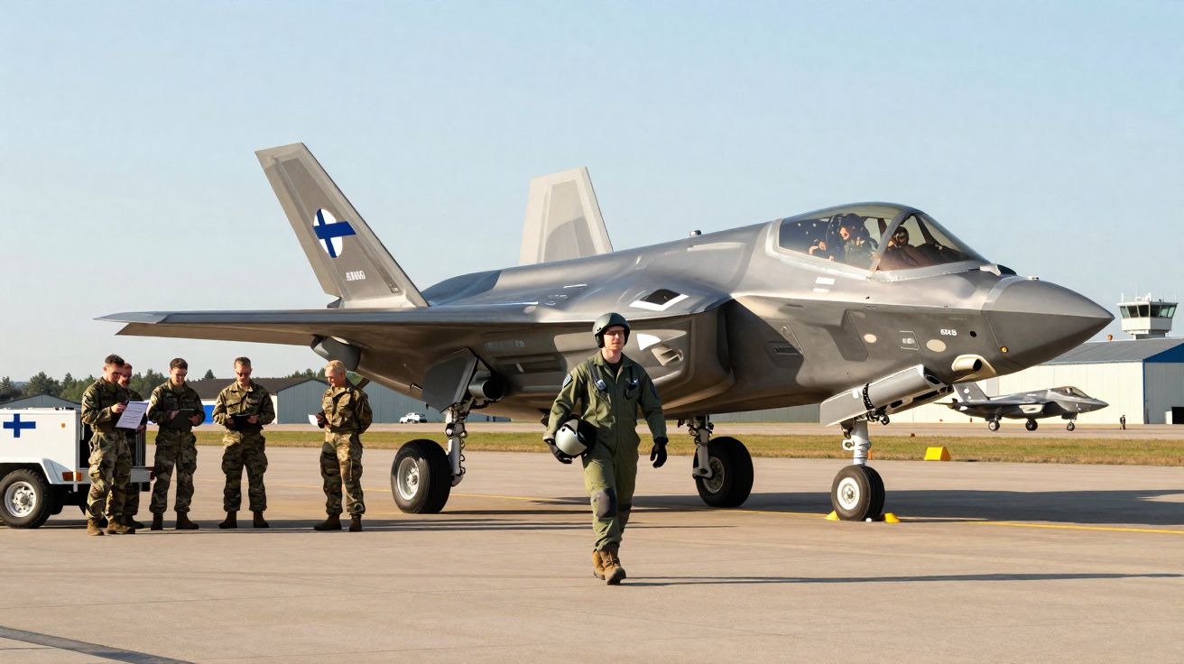 Caça furtivo F-35 da Força Aérea finlandesa no solo com piloto a caminhar na pista e quatro militares a observar.