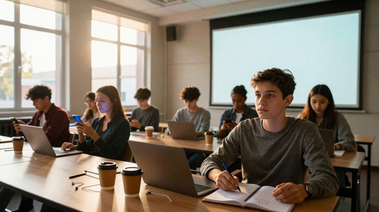 Jovens numa sala de aula tecnológica, alguns com computadores e telemóveis, um a escrever num caderno.
