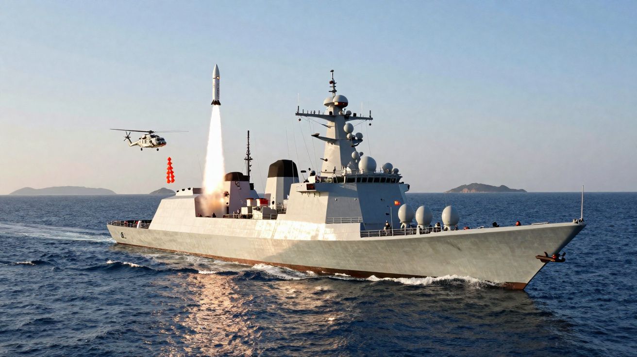 Fragata no mar lança míssil guiado com helicóptero e ilhas ao fundo sob céu limpo.
