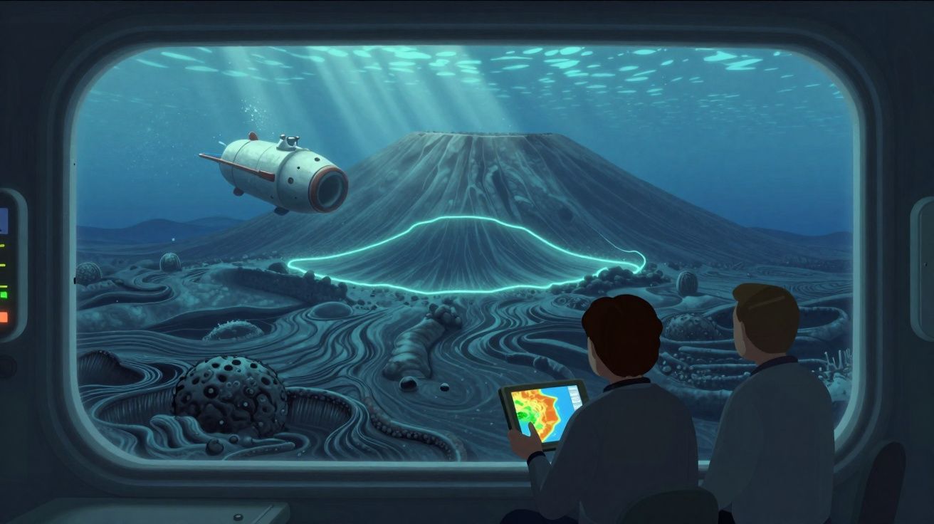 Vista subaquática a partir de um submarino, com dois cientistas observando um vulcão explorado por um drone.