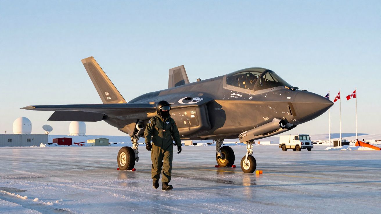 Caça militar F-35 estacionado em pista gelada com piloto vestido com fato e capacete negro.