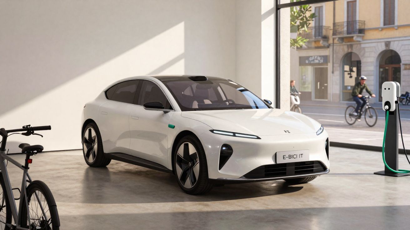 Carro elétrico branco a carregar numa estação de carregamento numa garagem com janela para ciclistas na rua.