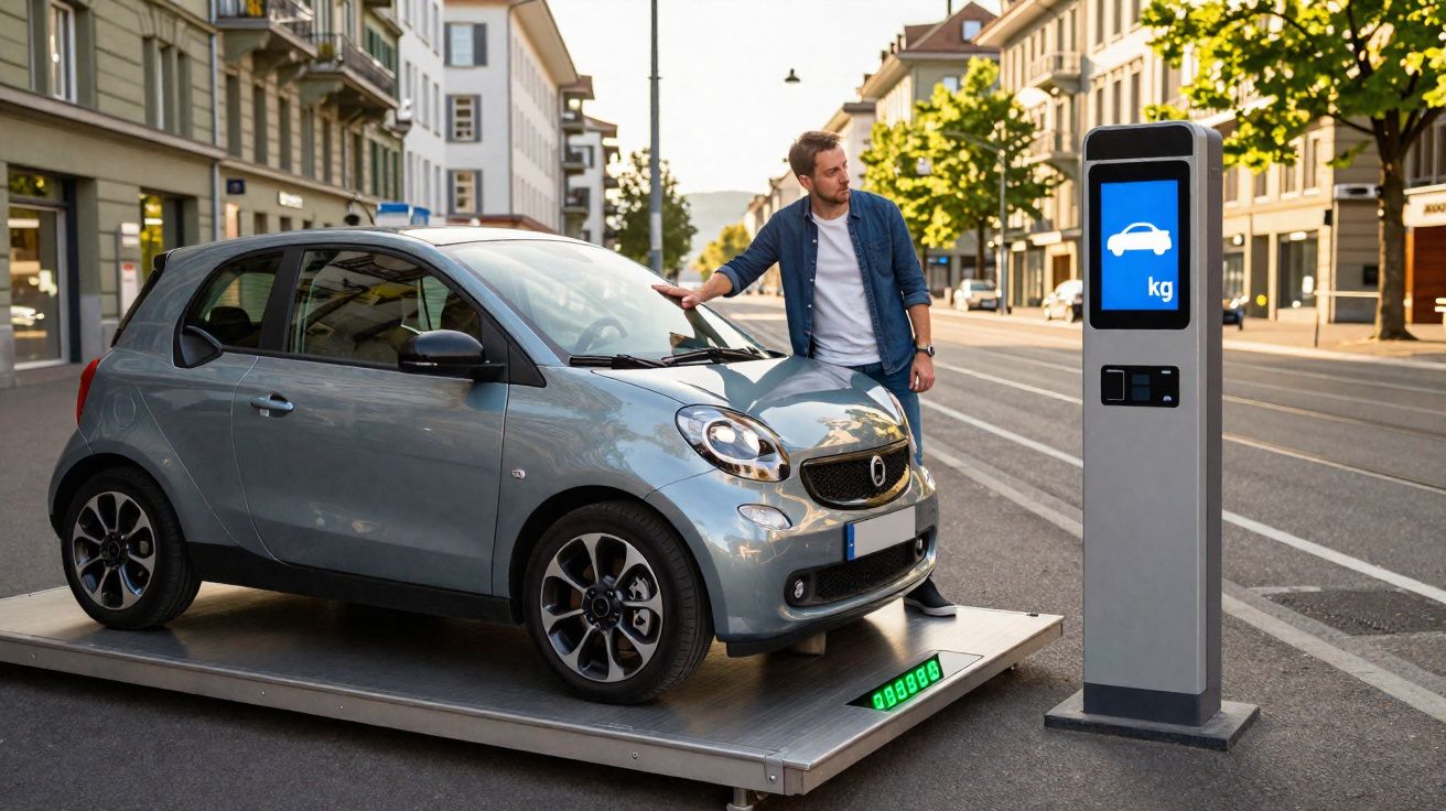 Homem a pesar um carro elétrico num dispositivo de medição numa rua urbana durante o dia.