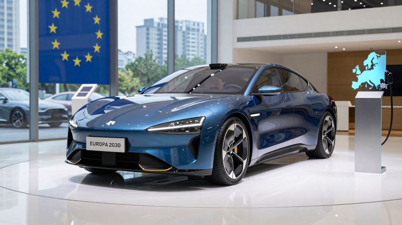 Carro elétrico azul brilhante exposto em sala moderna com bandeira e mapa da Europa.