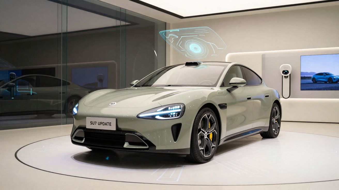 Carro elétrico cinza estacionado numa sala moderna com tecnologia holográfica no teto.