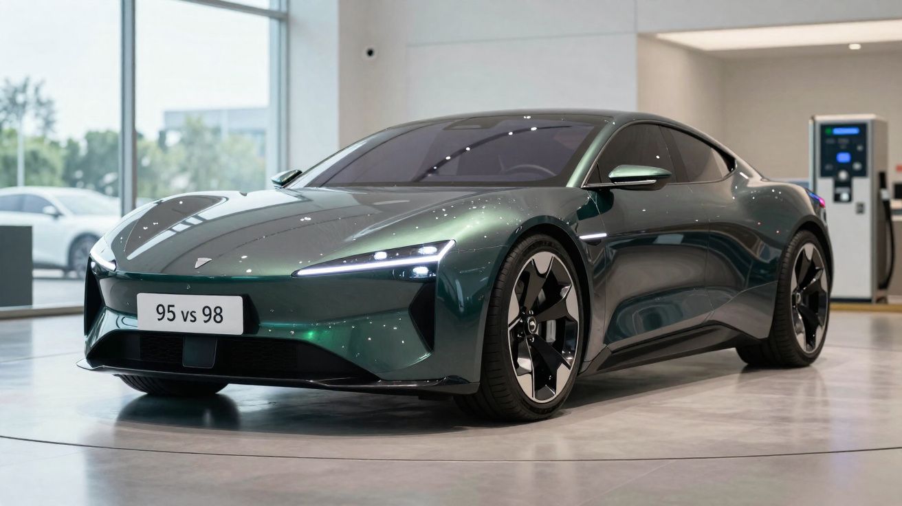 Carro desportivo elétrico verde escuro estacionado dentro de um showroom moderno.