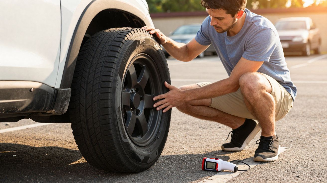 Homem verifica pneus de carro estacionado, com medidor de pressão no chão ao lado.
