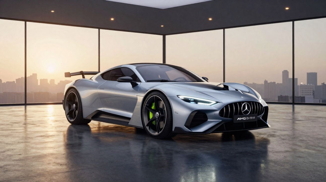 Carro desportivo prateado Mercedes-AMG numa sala com janelas panorâmicas e vista urbana ao pôr do sol.
