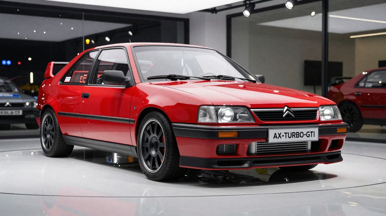 Automóvel Citroën AX Turbo GTI vermelho exibido em salão com roda preta esportiva e aerofólio traseiro.