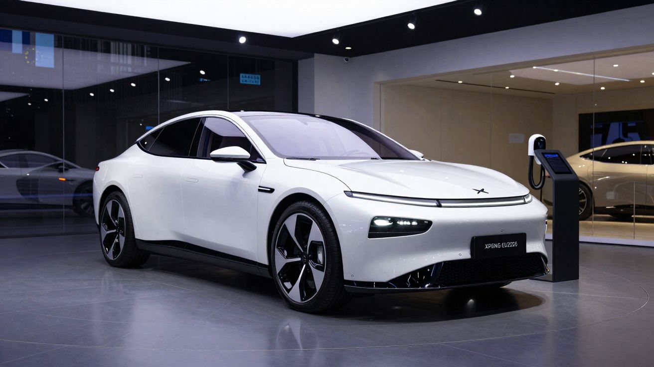 Carro elétrico branco Xpeng P7 em exposição numa sala com paredes de vidro e iluminação moderna.