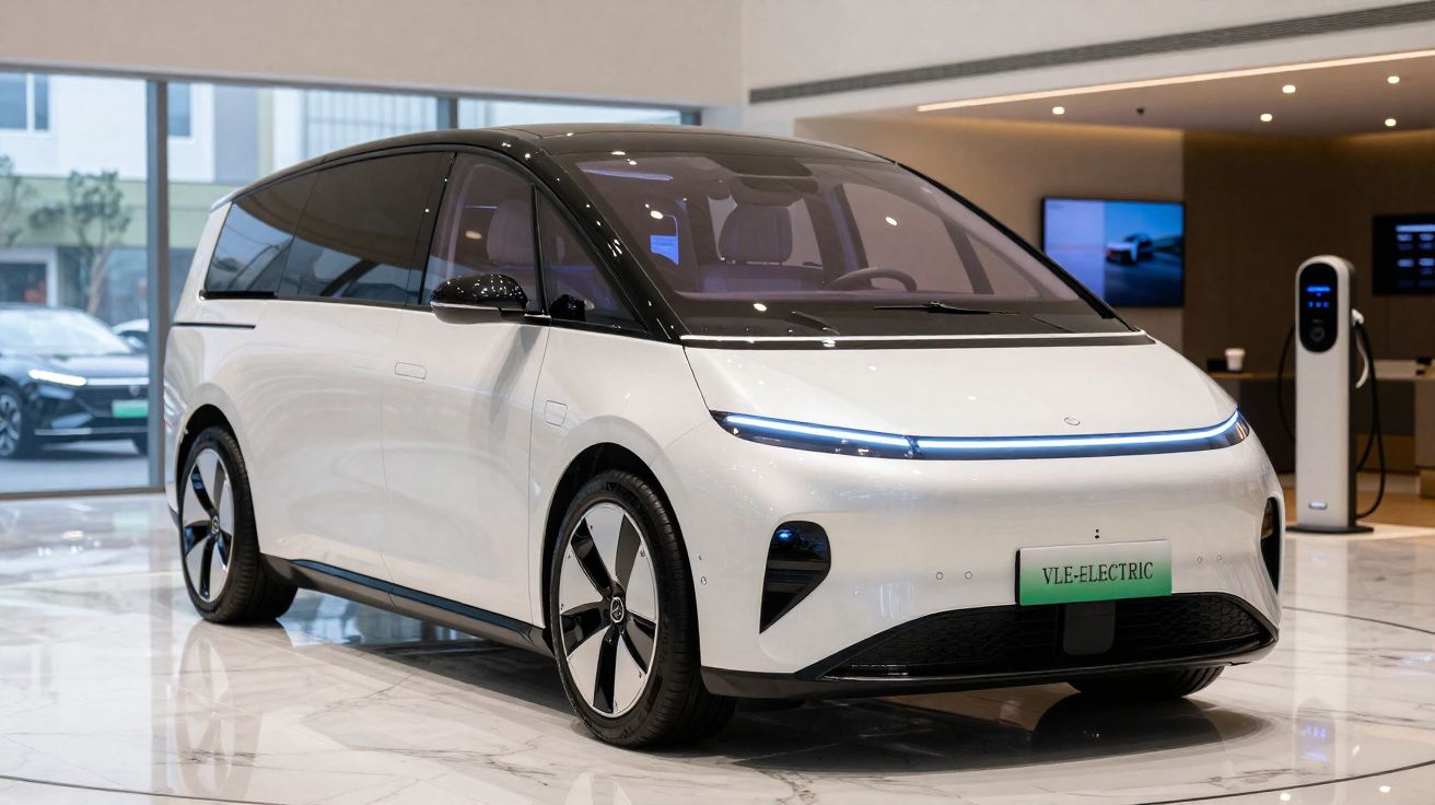 Carro elétrico branco com teto preto exposto em showroom moderno, carregador elétrico ao lado.