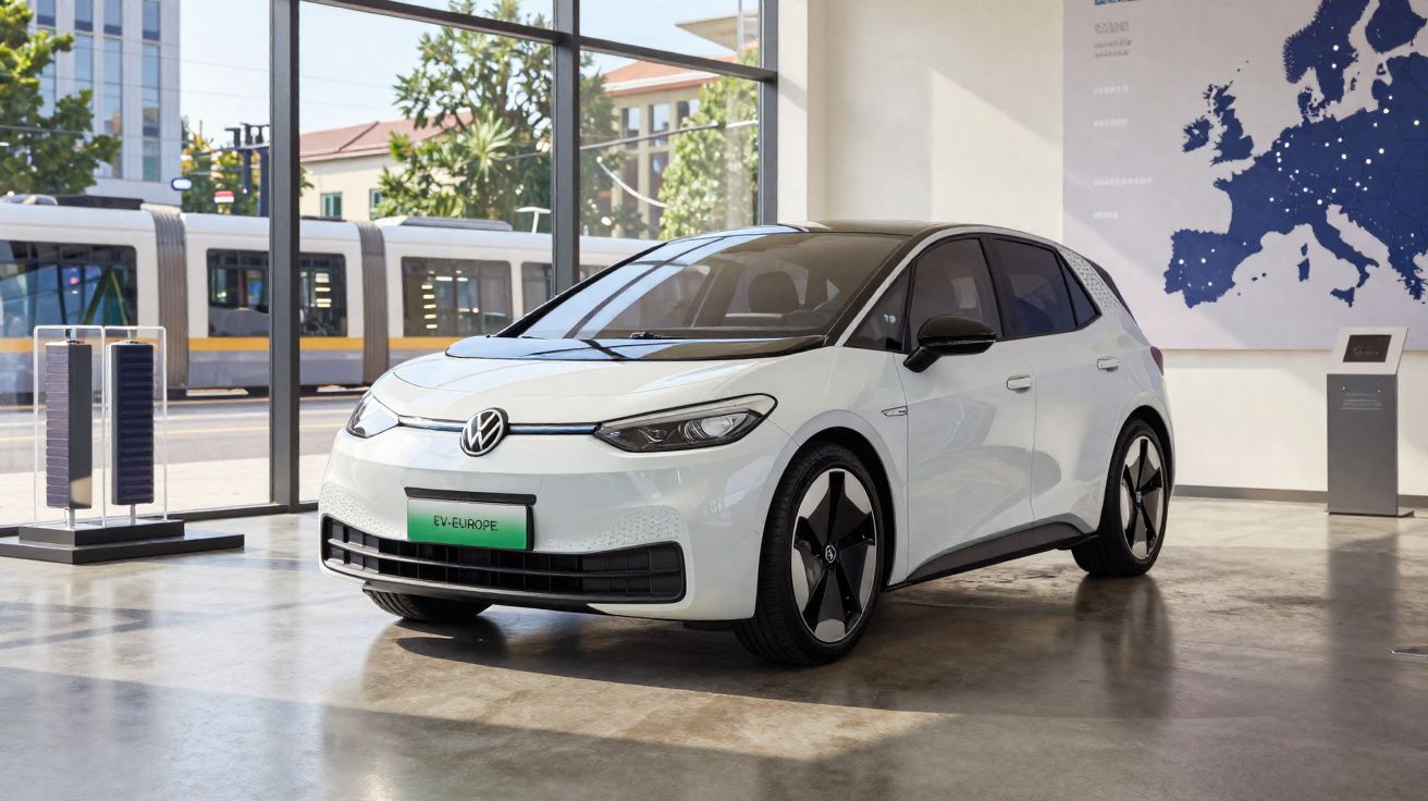 Carro elétrico branco Volkswagen ID.3 exibido num salão moderno com janelas grandes e mapa da Europa na parede.