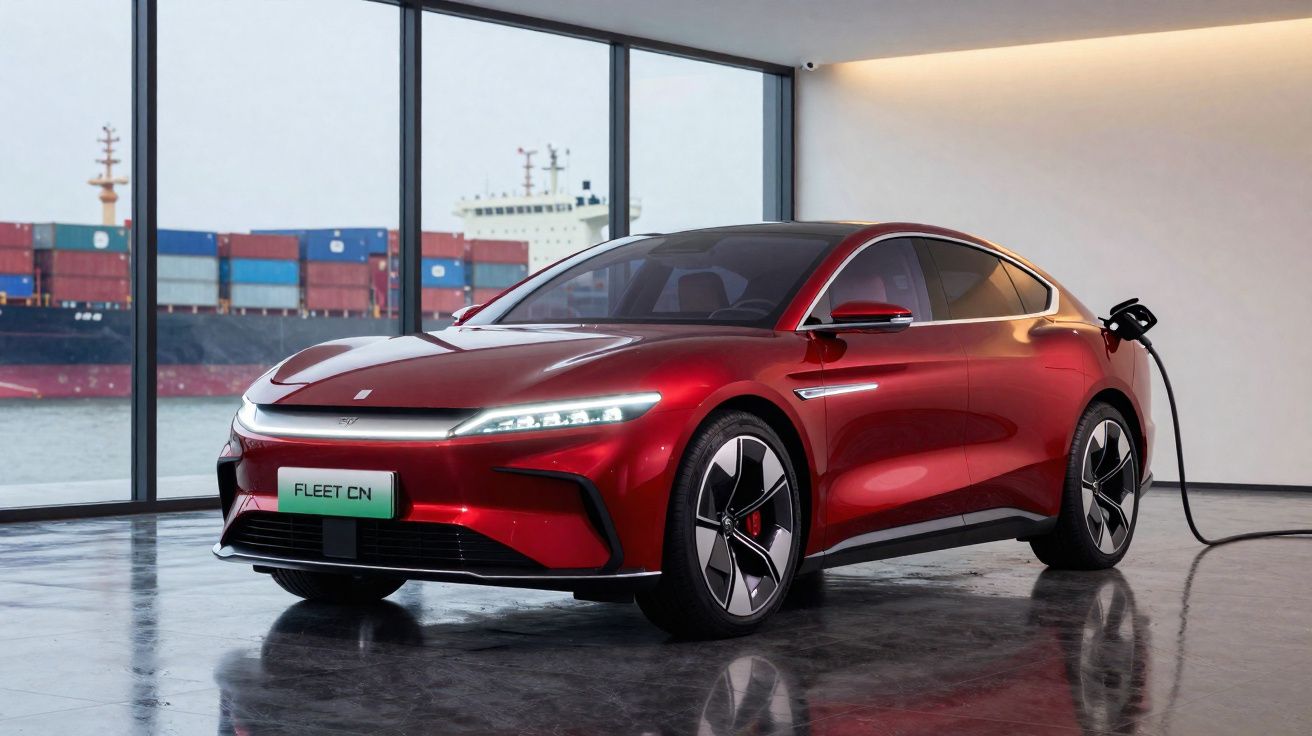 Carro elétrico vermelho a ser carregado numa sala com vista para o porto e contentores marítimos.