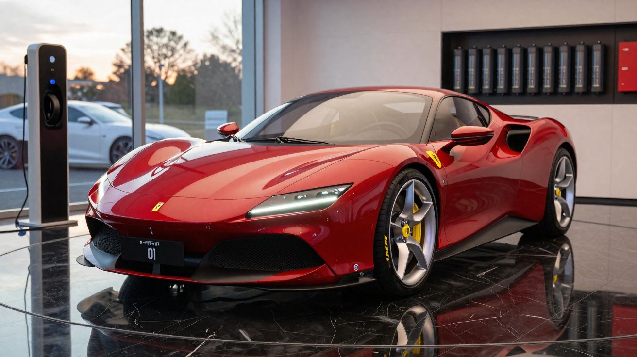 Automóvel desportivo Ferrari vermelho estacionado junto a posto de carregamento elétrico moderno.