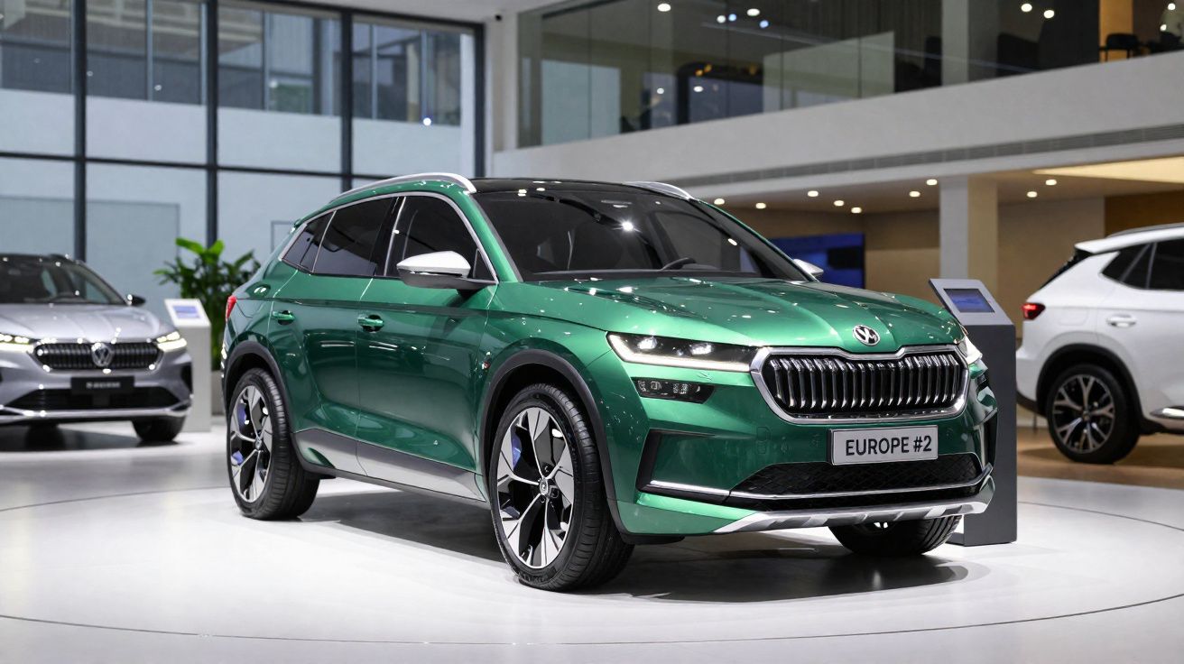 Carro SUV verde metálico em exposição num salão moderno com outras viaturas ao fundo.