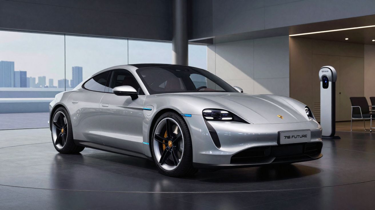 Carro desportivo elétrico cinzento estacionado num espaço interior com vista urbana ao fundo.