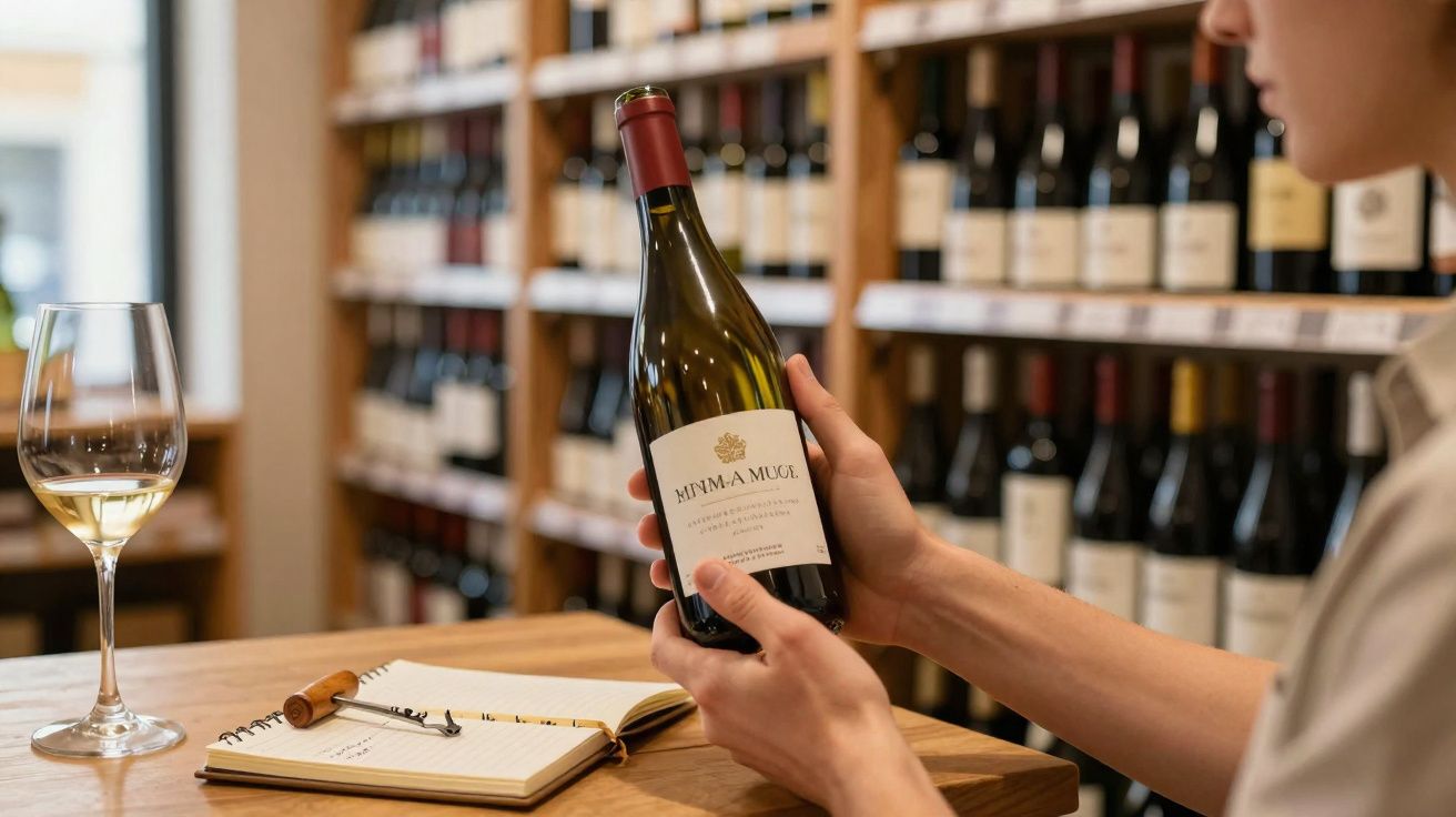 Pessoa a segurar garrafa de vinho numa adega, com copo de vinho branco e caderno numa mesa de madeira.