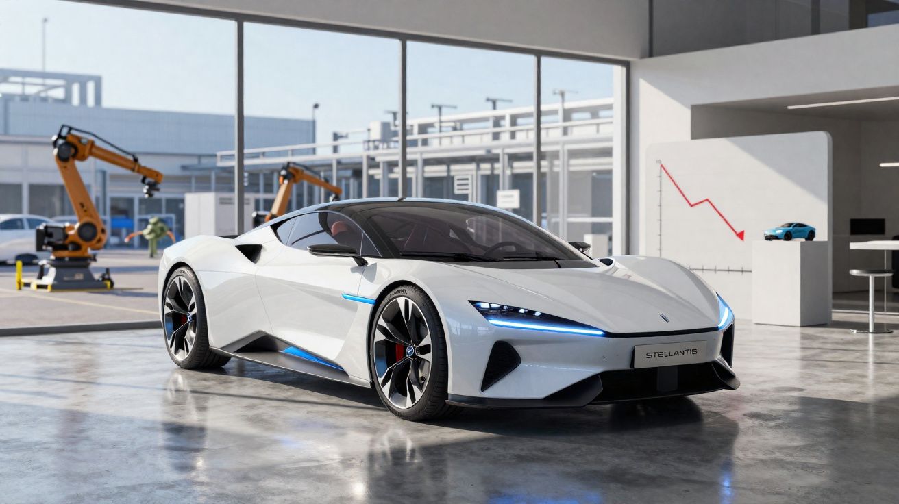 Carro desportivo elétrico branco numa fábrica moderna com braços robóticos ao fundo.