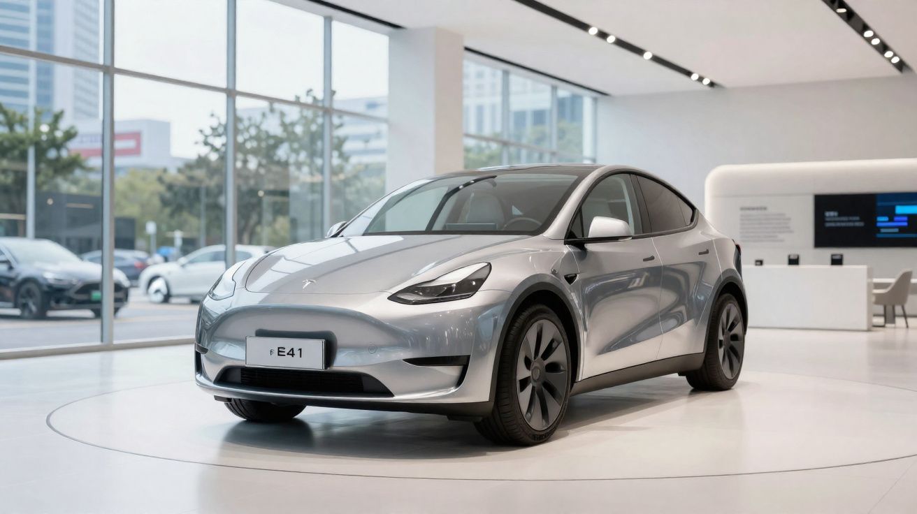 Carro elétrico prateado Tesla Model Y exposto num showroom moderno com grandes janelas.