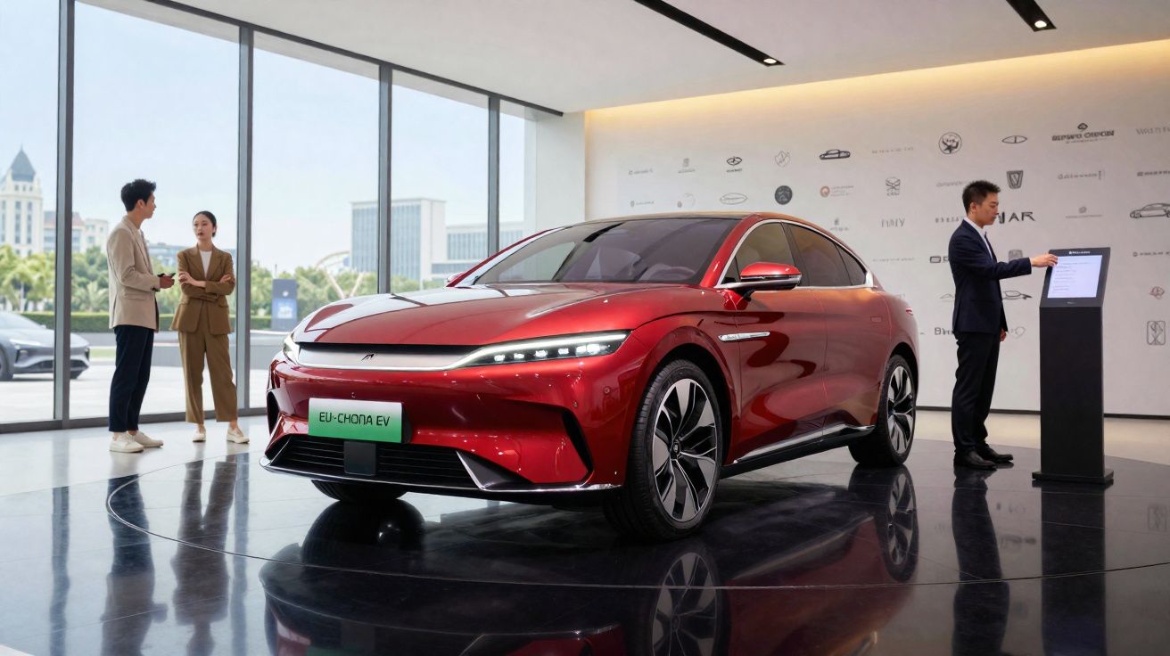 Carro elétrico vermelho brilhante em exposição numa sala com três pessoas e janelas amplas ao fundo.