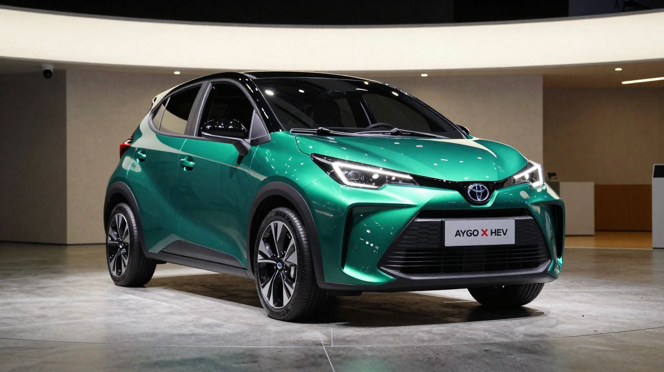 Carro Toyota Aygo X HEV verde e preto estacionado num espaço moderno e iluminado interiormente.