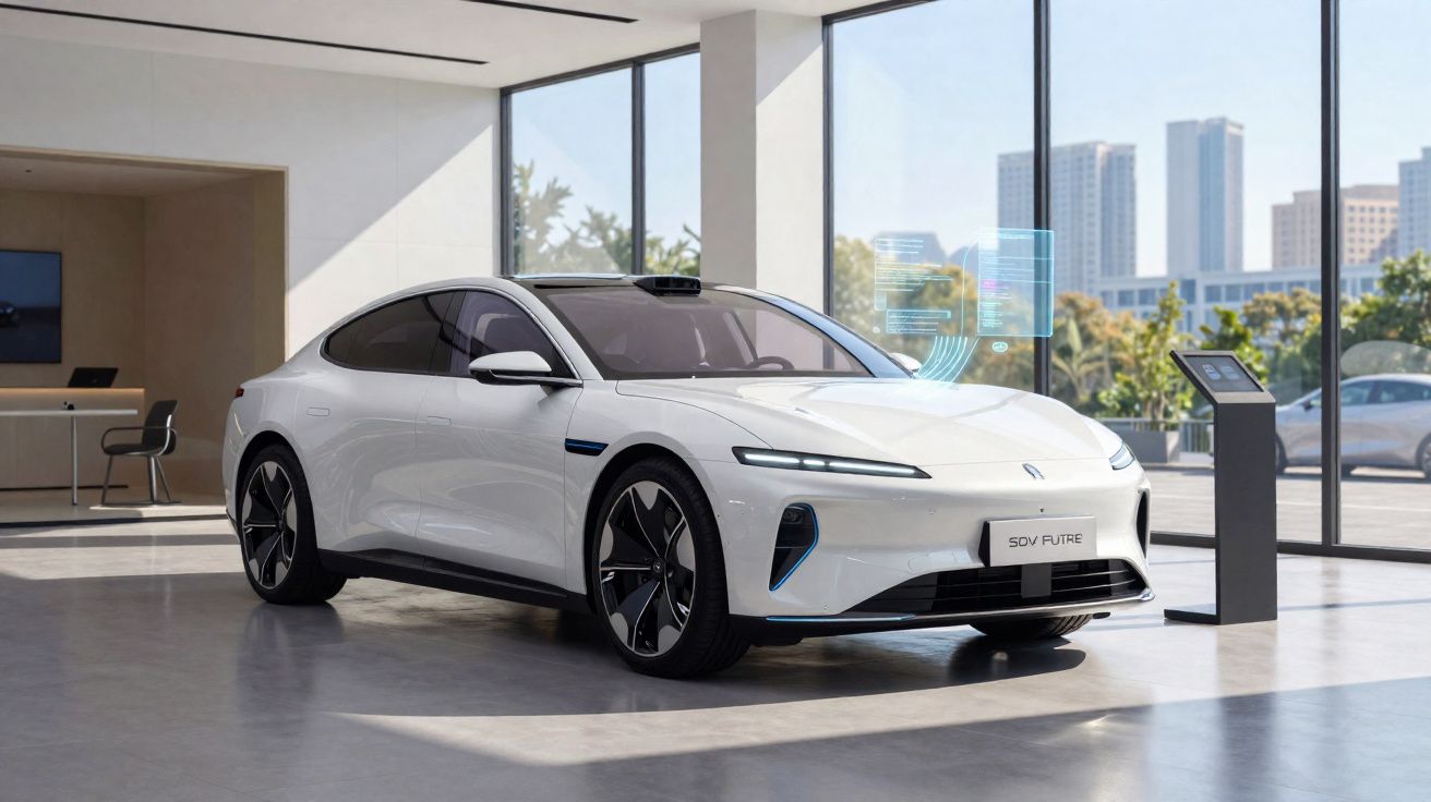 Carro elétrico branco futurista exibido numa sala iluminada com janelas grandes e painel digital holográfico.