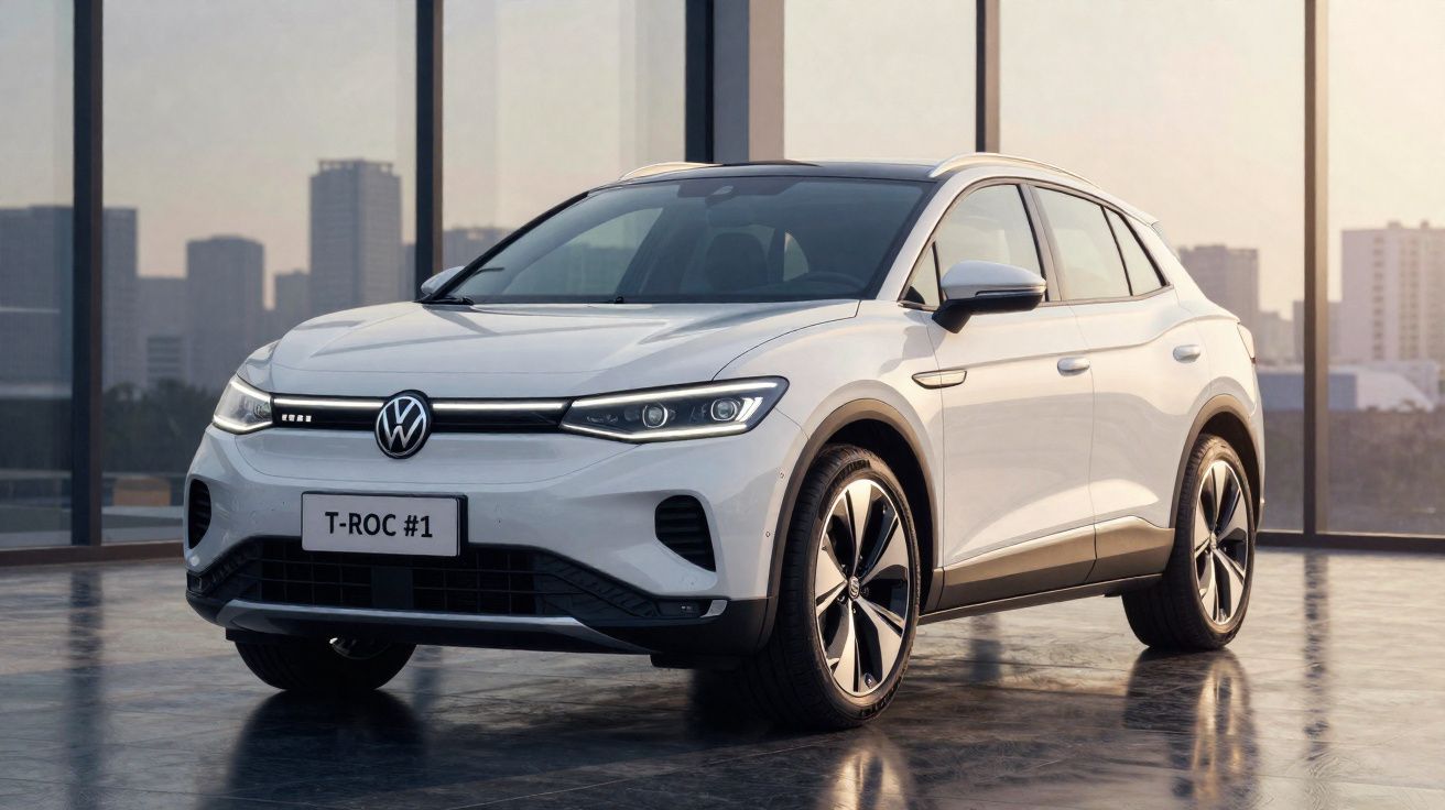 Carro elétrico Volkswagen T-Roc branco estacionado em espaço urbano com edifícios ao fundo.