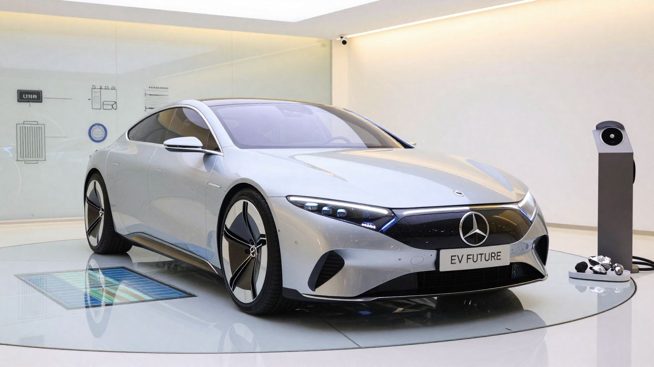 Carro elétrico Mercedes-Benz EV Future branco num espaço moderno com carregador ao lado.