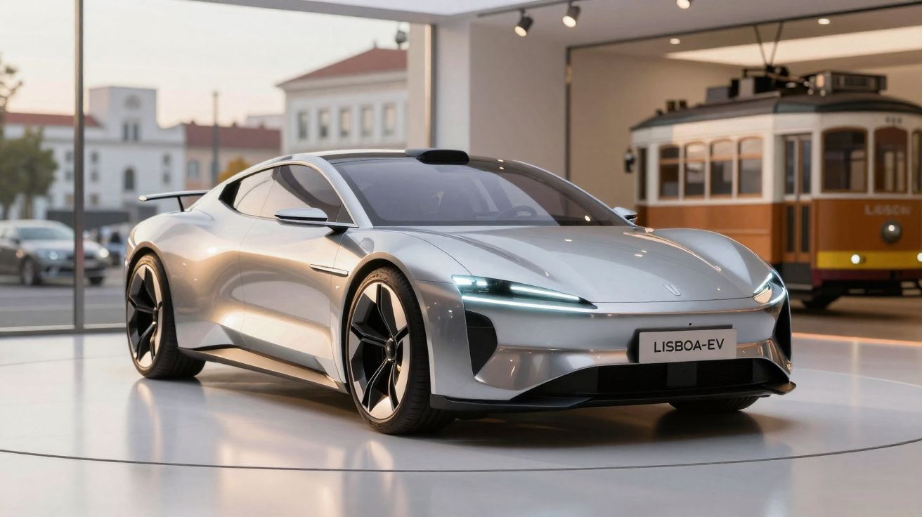 Carro elétrico desportivo prateado LISBOA-EV em exposição com elétrico clássico de Lisboa ao fundo.