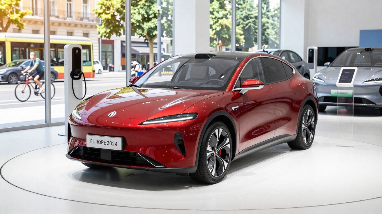 Carro elétrico vermelho de 2024 em exposição numa sala de mostrar com vidros amplos.