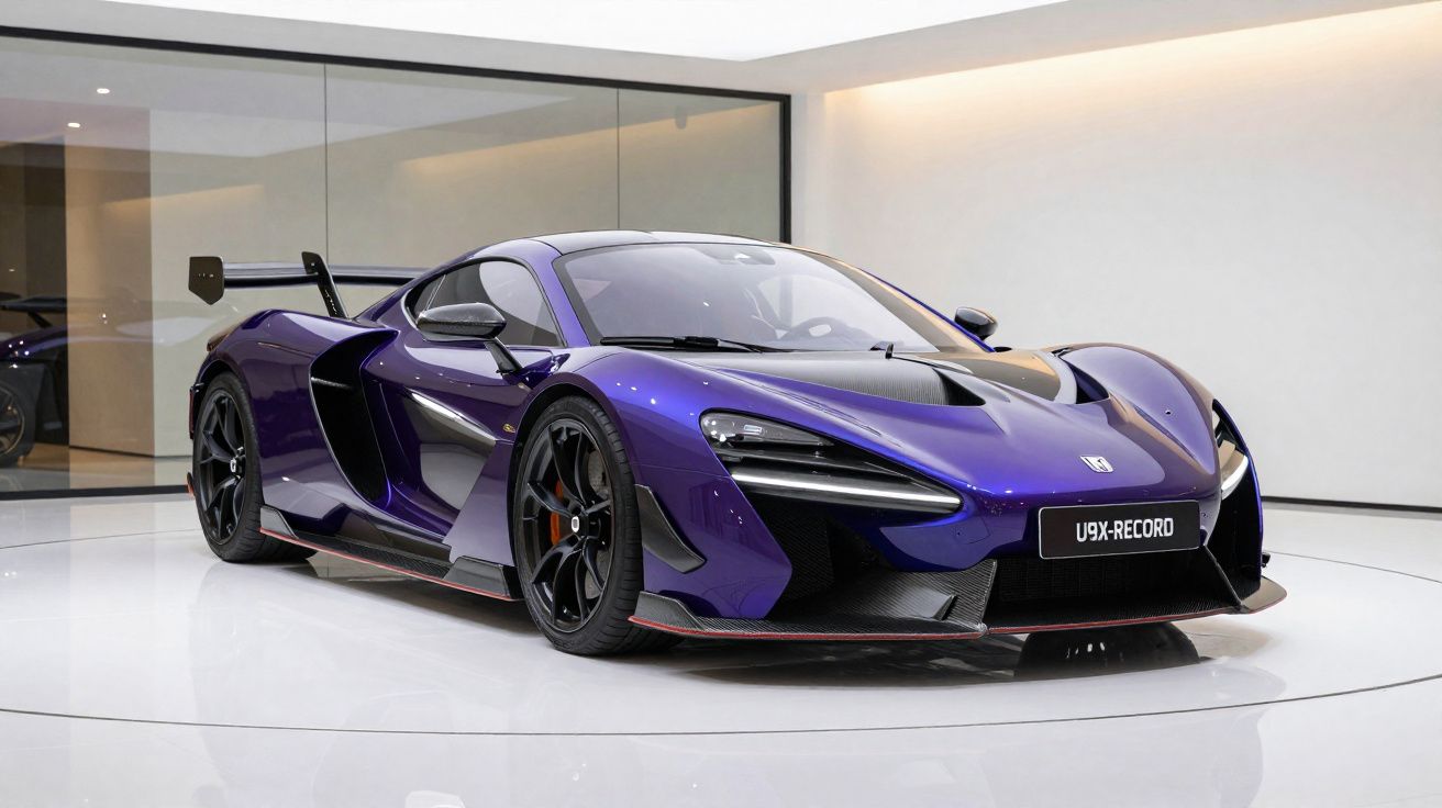 Carro desportivo McLaren U9X-Record cor roxa com design aerodinâmico exposto em showroom moderno.