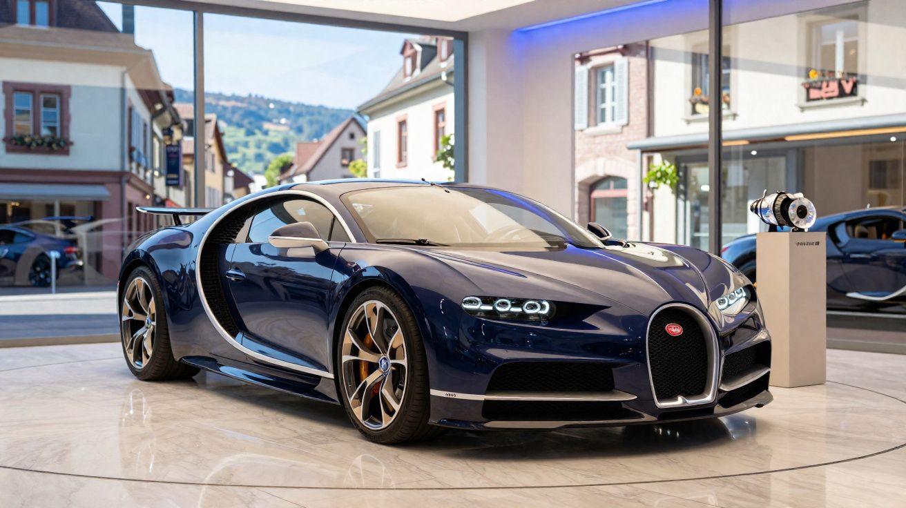 Carro desportivo Bugatti Chiron azul exposto numa sala moderna com janelas grandes e vista urbana.