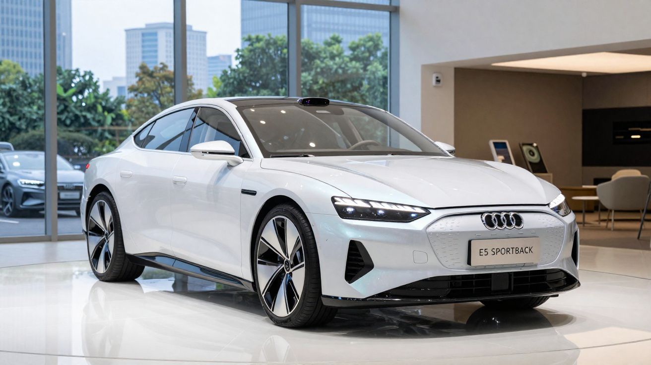 Carro elétrico branco Audi E5 Sportback exposto em interior moderno com vidros e edifícios ao fundo.