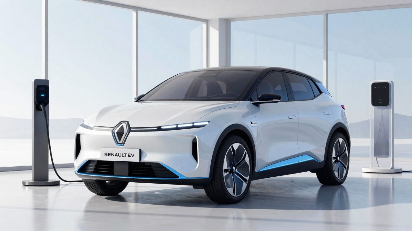 Carro elétrico branco Renault EV a carregar numa estação de carregamento interior moderna e luminosa.