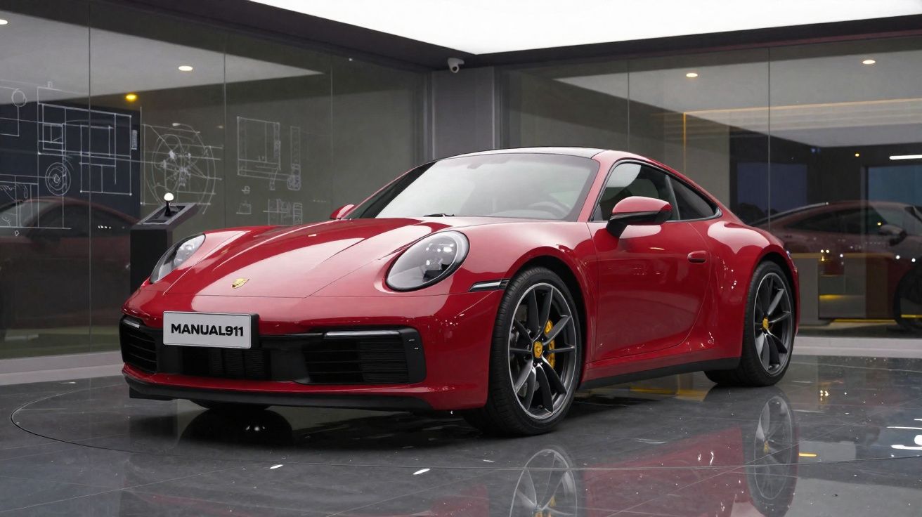 Carro desportivo vermelho estacionado em salão com chão brilhante e paredes de vidro.