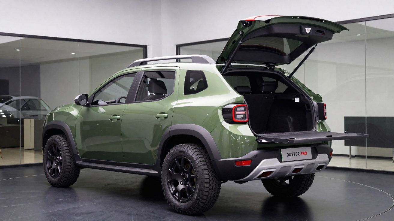 SUV verde Duster Pro com porta traseira aberta e bancos de trás visíveis, em showroom moderno.