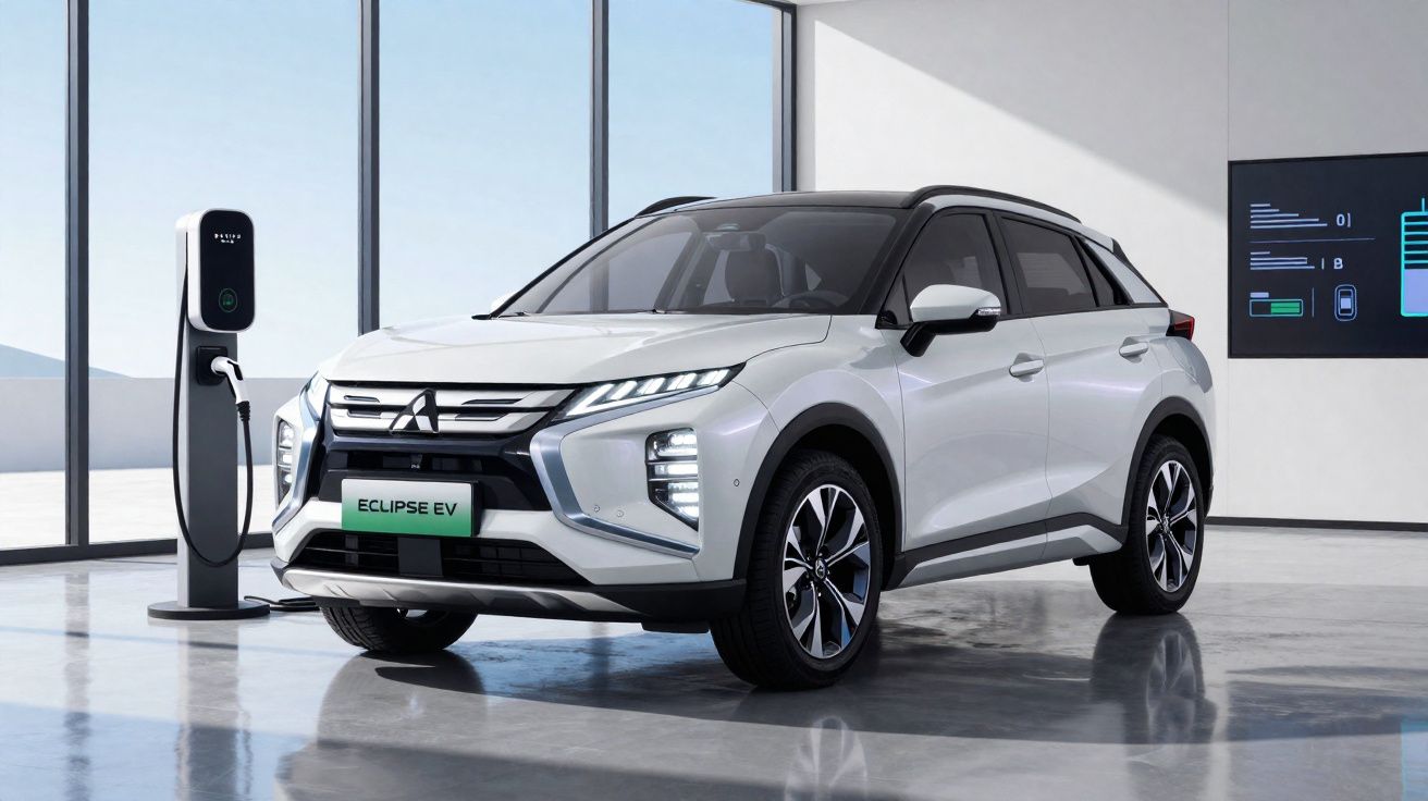 Carro elétrico branco Mitsubishi Eclipse EV a carregar numa estação num espaço moderno e luminoso.