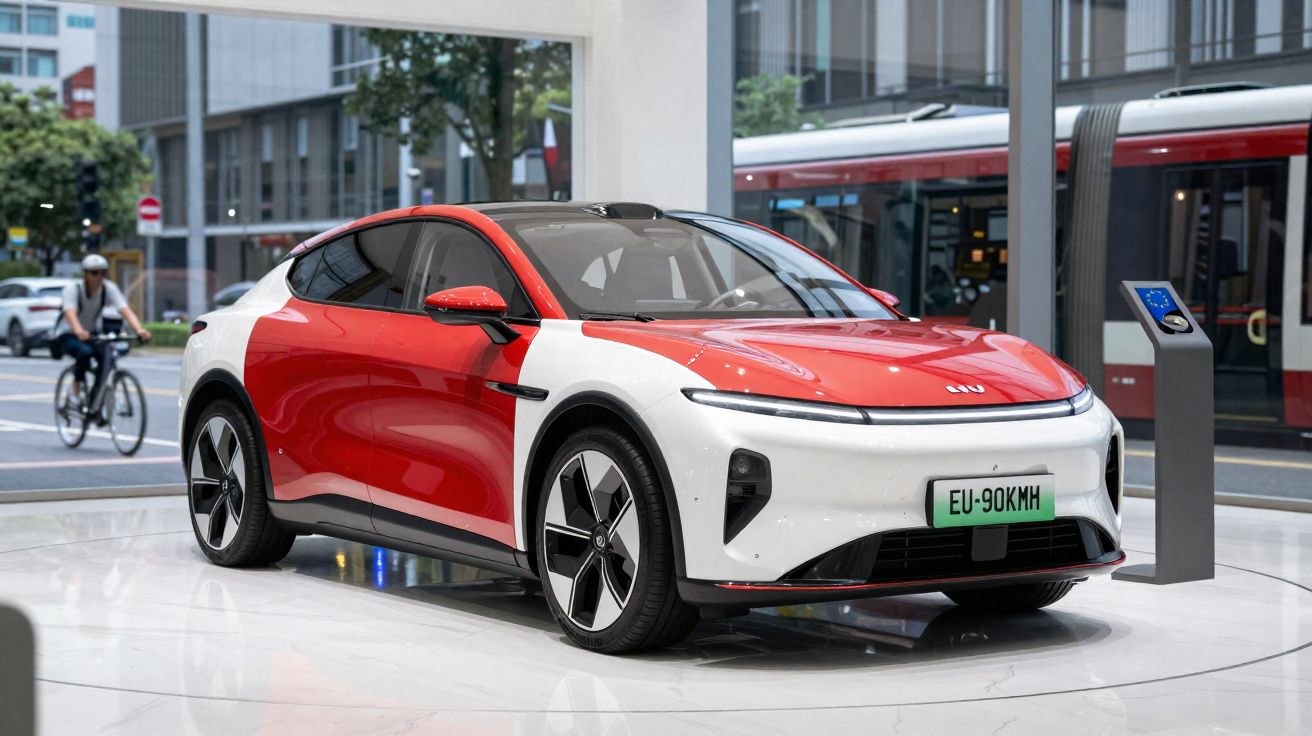 Carro elétrico desportivo bicolor vermelho e branco exposto em showroom com bicicleta e elétrico ao fundo.