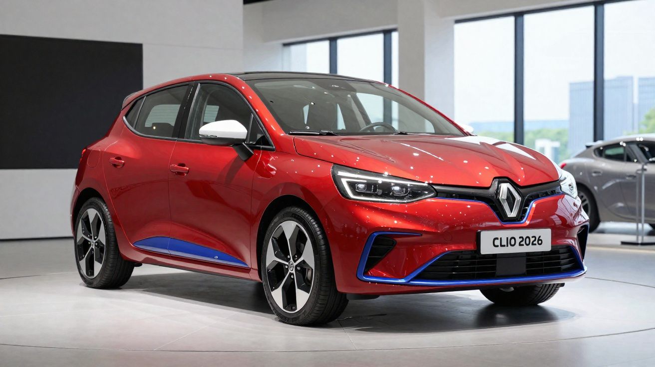 Renault Clio 2026 vermelho exposto em salão de automóveis moderno com janelas amplas.