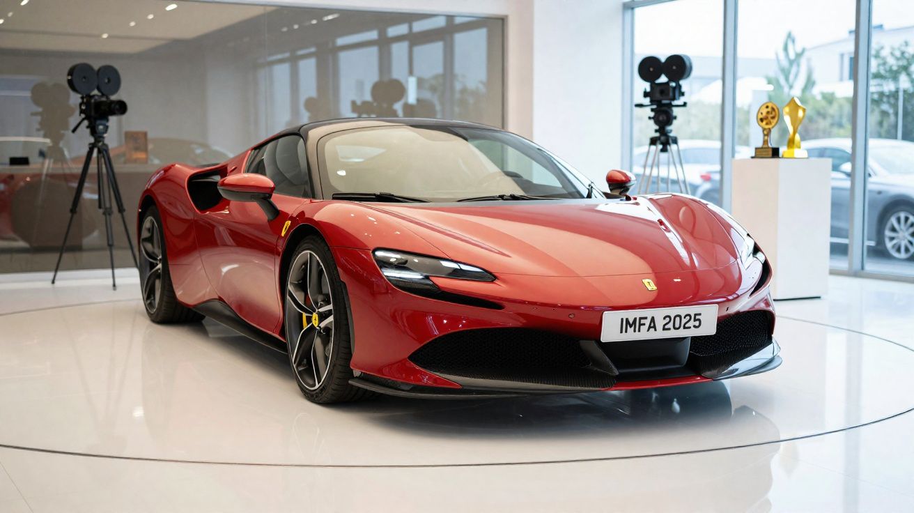 Automóvel desportivo vermelho Ferrari exibido em sala com câmaras antigas e troféus.