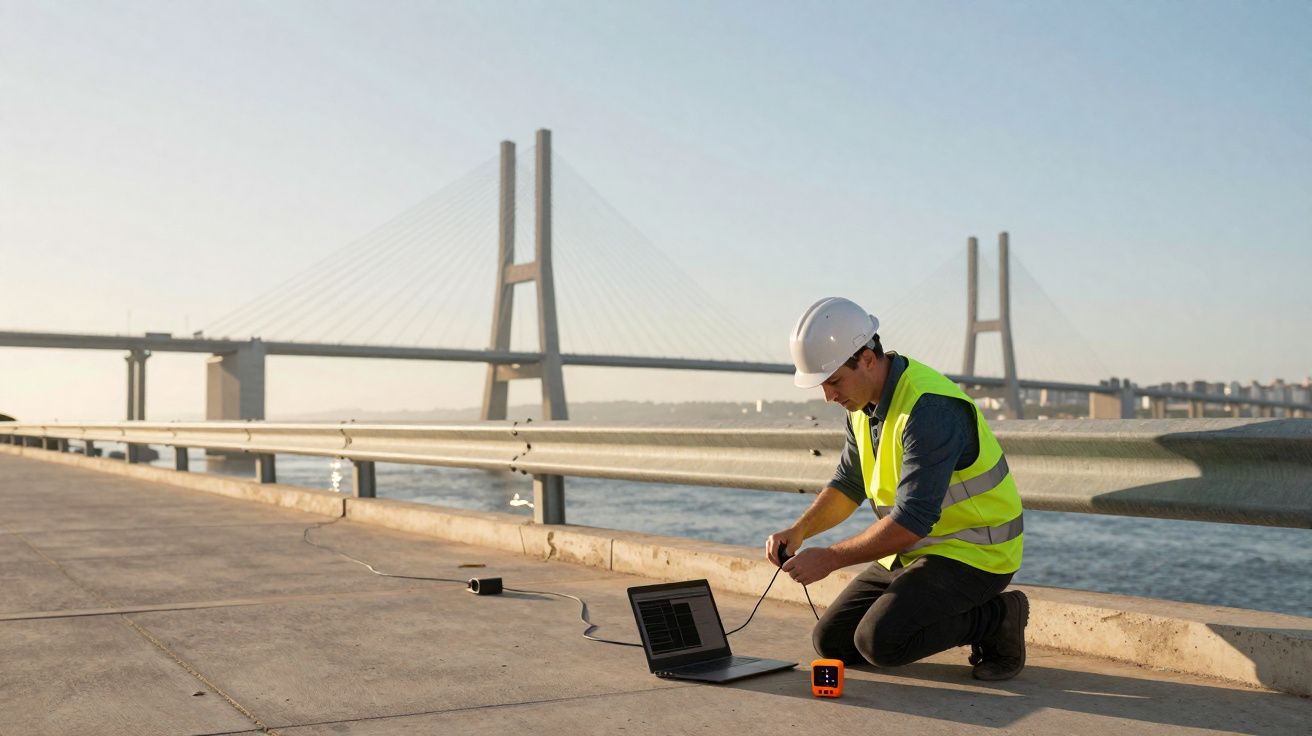 Engenheiro com colete e capacete a medir dados junto a uma ponte suspensa sobre o rio.