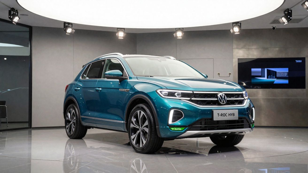 Carro Volkswagen T-Roc híbrido azul exposto em showroom moderno, vista frontal lateral direita.