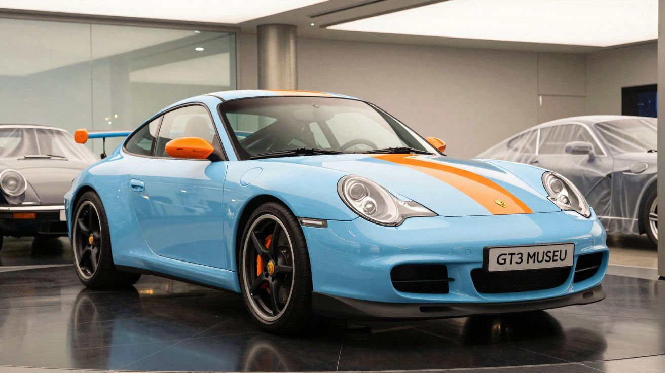 Carro desportivo azul claro com faixa laranja e espelhos laterais laranja em museu automóvel.