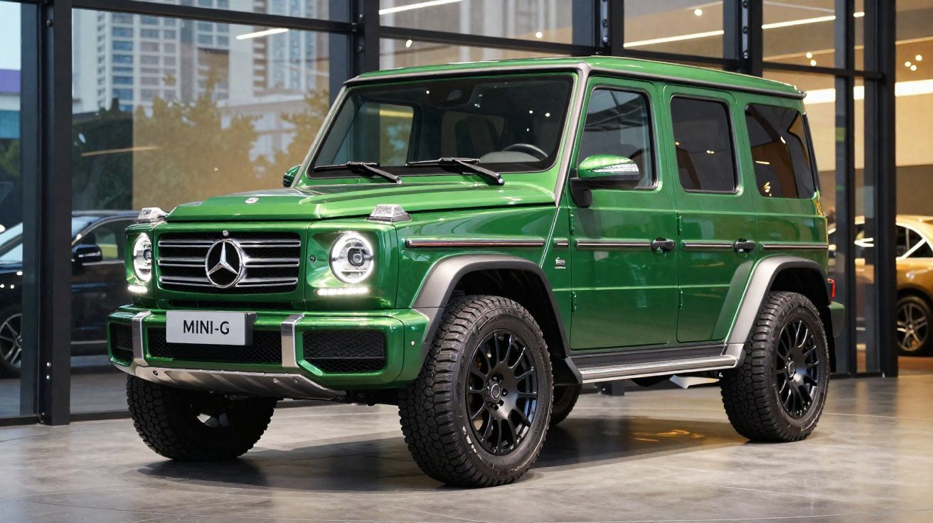 Mercedes-Benz MINI-G verde estacionado em salão de automóveis moderno com jantes pretas e faróis acesos.