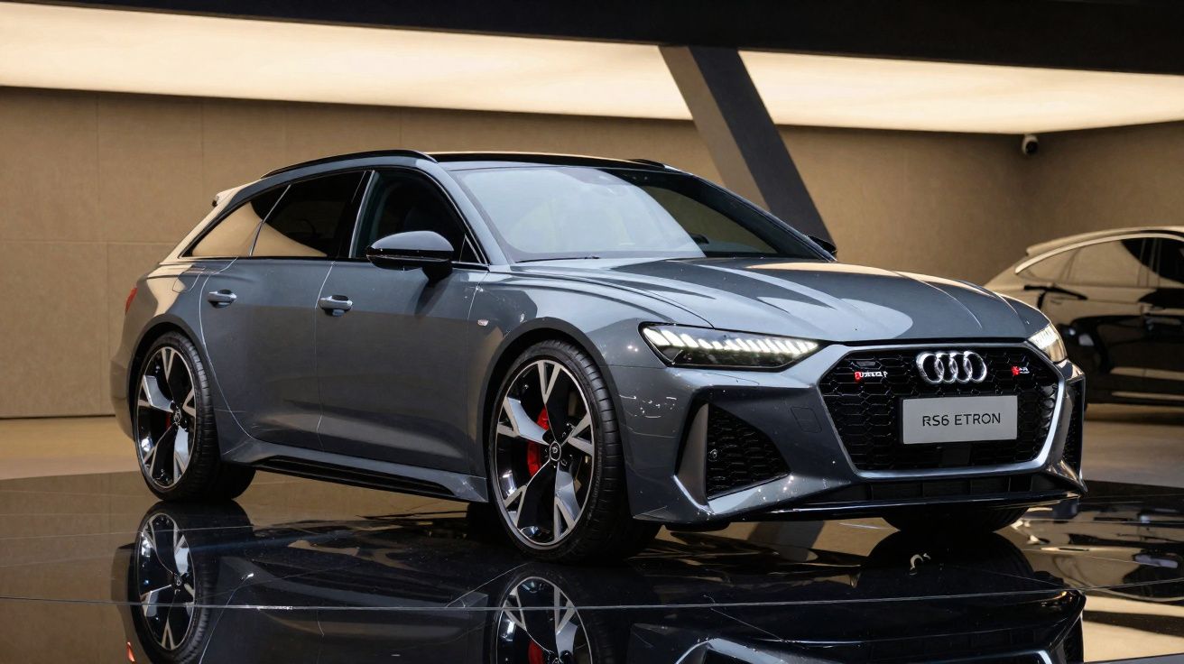 Automóvel Audi RS6 e-tron cinza metálico estacionado em espaço interior moderno e iluminado.