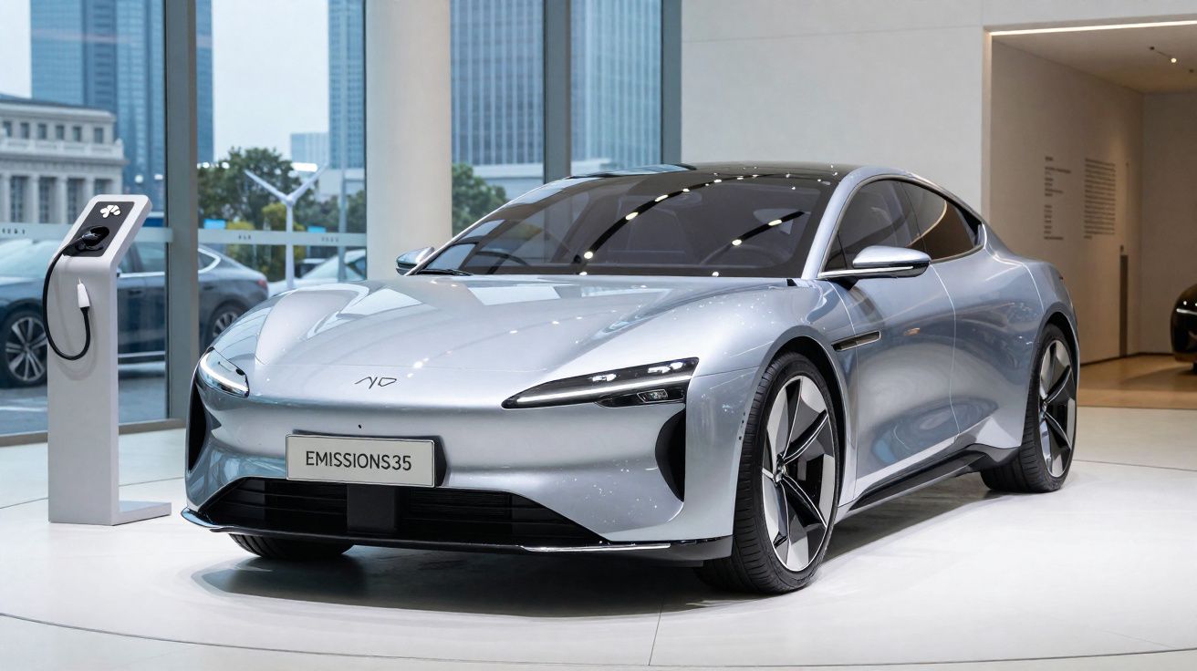 Carro eléctrico prateado em exposição num showroom moderno com posto de carregamento ao lado.