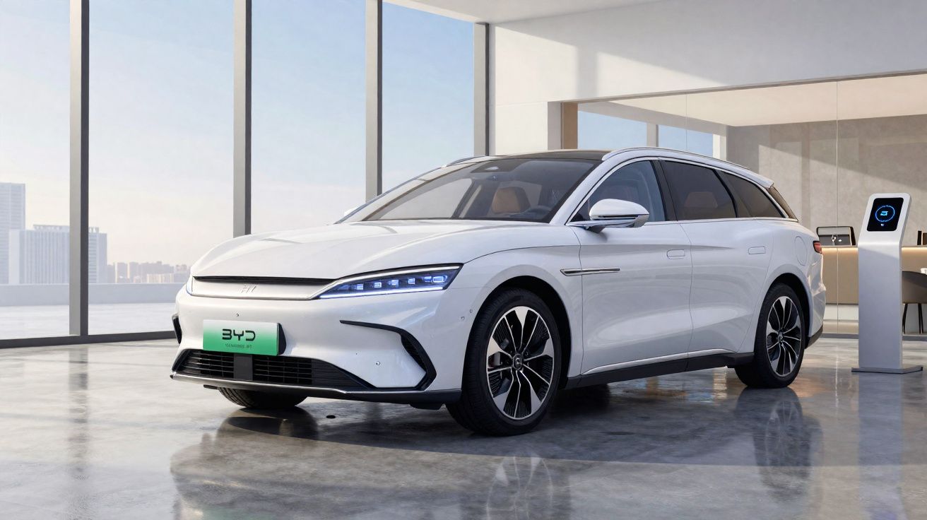 Carro elétrico branco estacionado num showroom moderno com janelas amplas e carregador próximo.