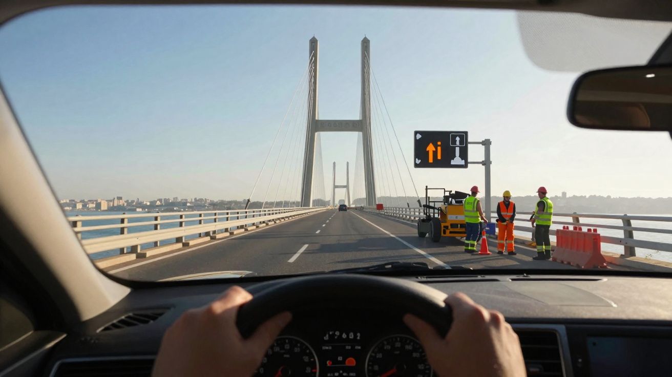 Vista da condução numa ponte com trabalhadores e sinais de trânsito visíveis no tabuleiro.