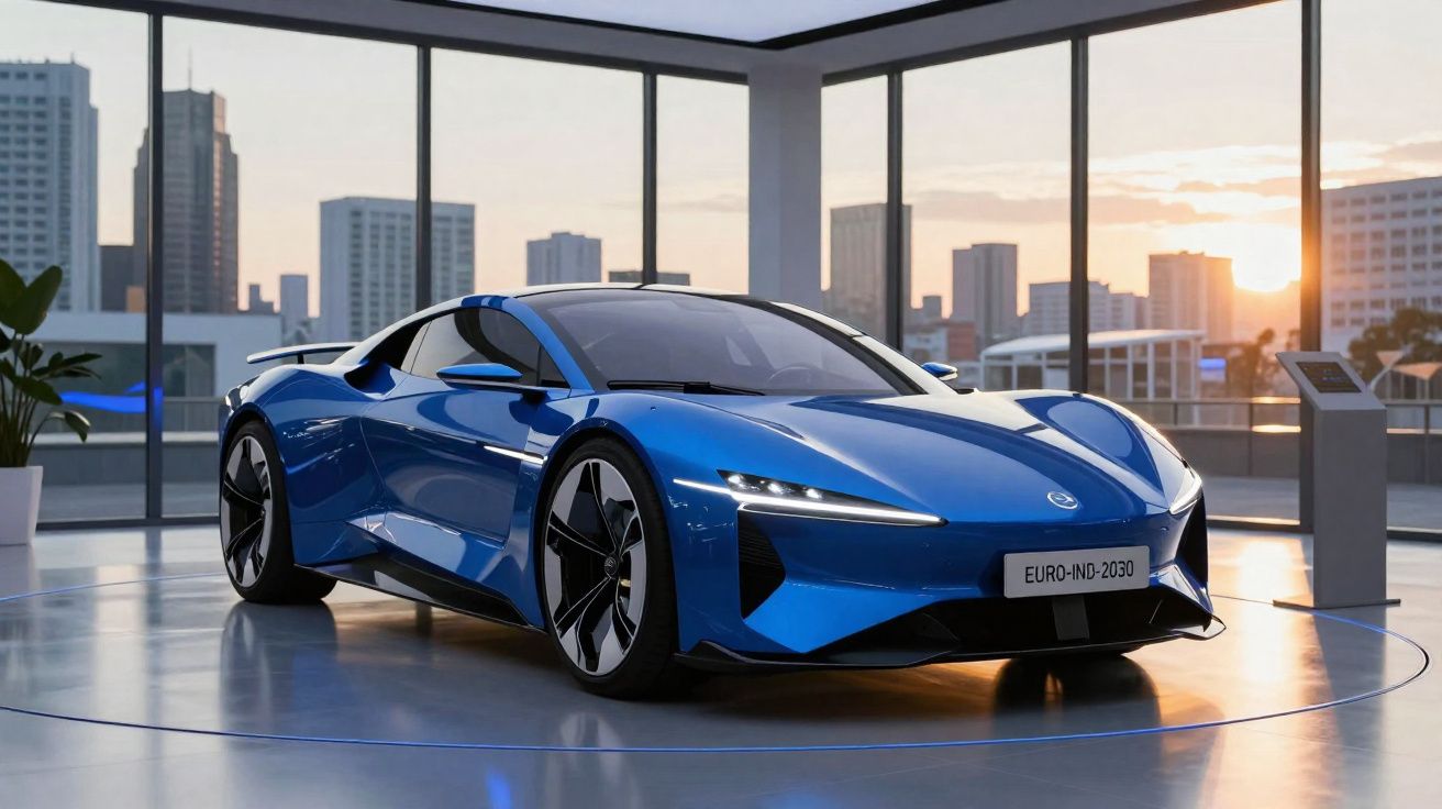 Carro desportivo elétrico azul com design futurista exposto em salão moderno com vista para a cidade ao pôr do sol.