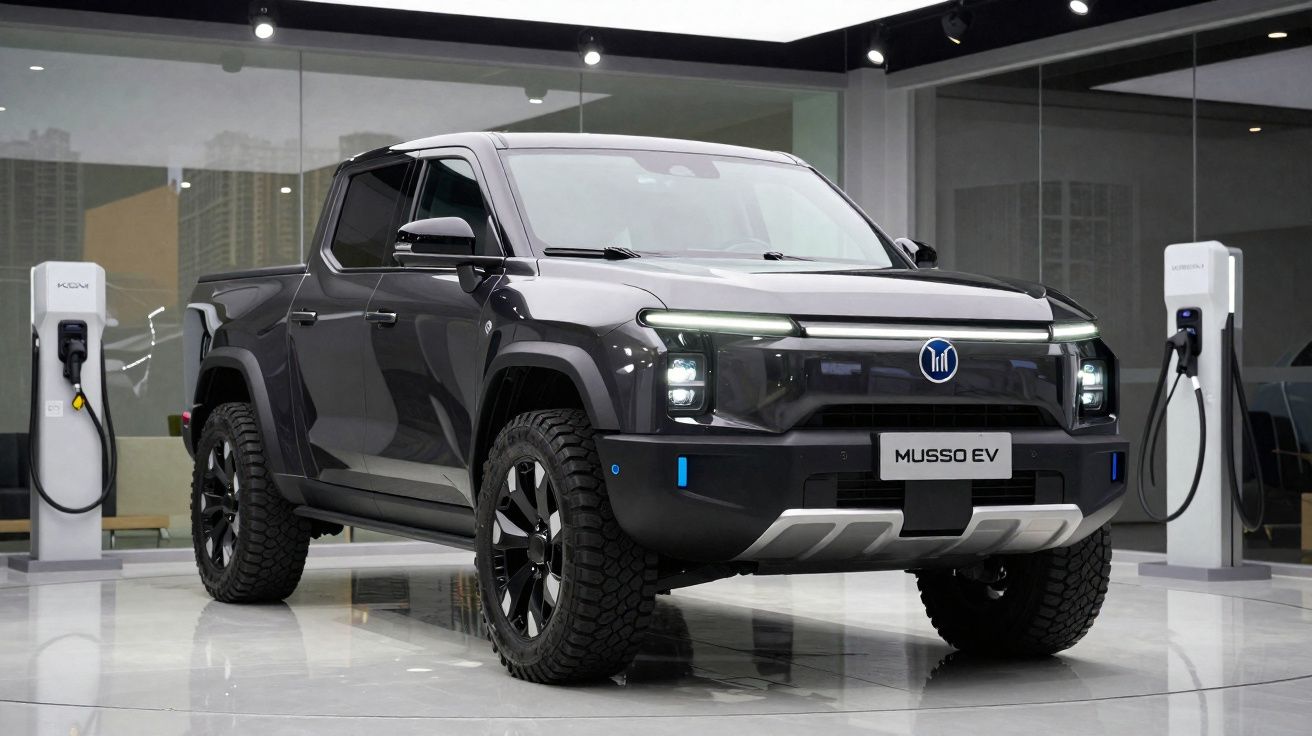Picape eléctrica Musso EV cinzenta estacionada em showroom com estações de carregamento.